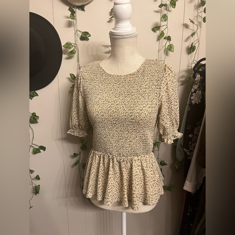 Tan ruched blouse with tiny leaf pattern